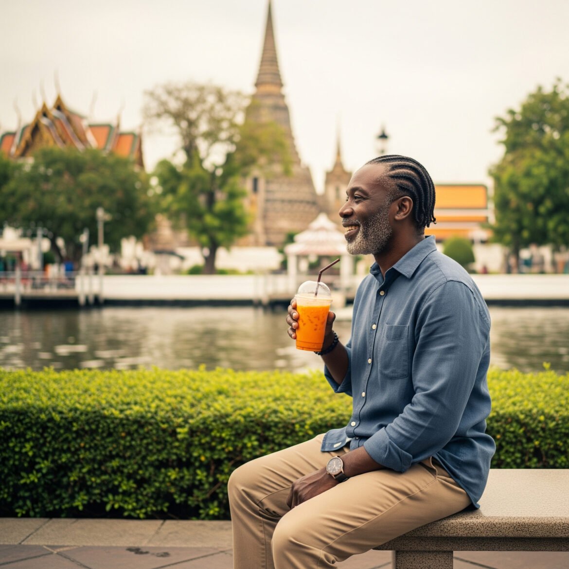 A smiling African American retiree sits on a bench by a riverside in Thailand, holding a cup of Thai iced tea, with historic temple structures and lush greenery in the background.