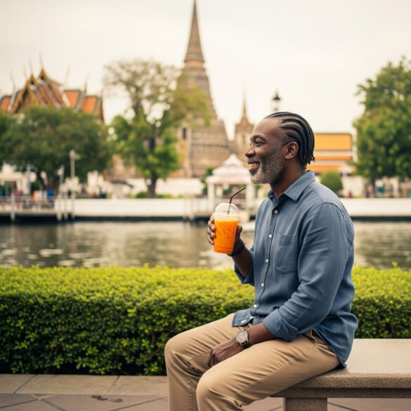 A smiling African American retiree sits on a bench by a riverside in Thailand, holding a cup of Thai iced tea, with historic temple structures and lush greenery in the background.