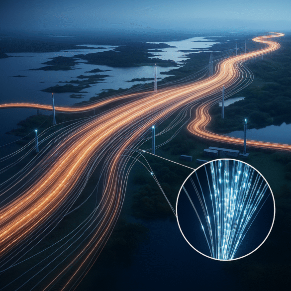 A digital illustration of a futuristic fiber optic data network with glowing light trails streaming across bridges over water, symbolizing high-speed internet connectivity.