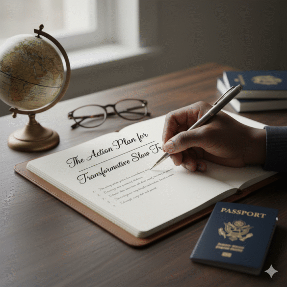 African American hand writing "The action plan for transformative slow travel" in a notebook on a wooden table, next to a globe and a passport.